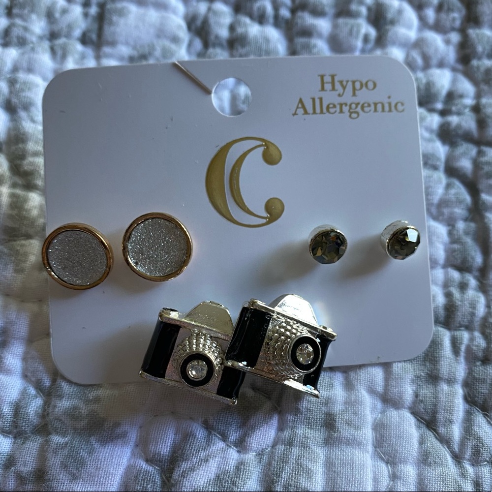 Set of 3 Earrings- Studs, Cameras, Disks